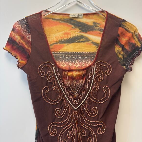 VTG Sonia Fortuna Firenze Short Sleeve Y2K Sheer Embroidered Tee Sz X-Large XL - Picture 3 of 10